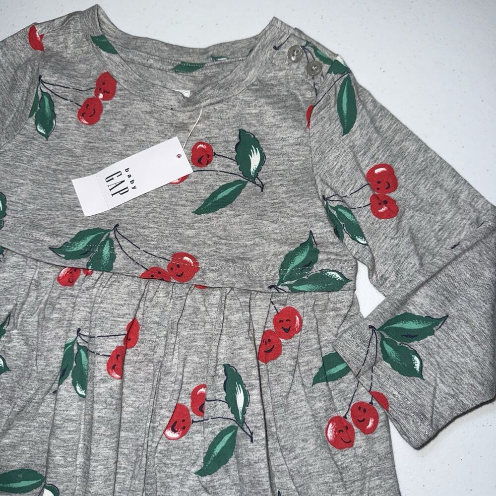 Baby Gap Girl’s Toddler Dress Long Sleeve Cherry Print Gray Size 2 Years NWT - Picture 3 of 5